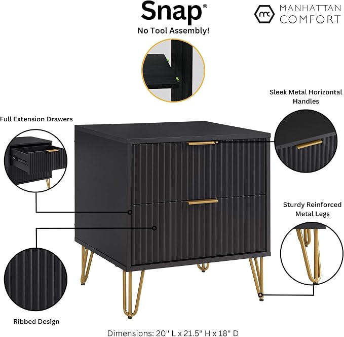 Manhattan Comfort Dumbo Modern Nightstand 2.0 with 2 Metal Feet | Splayed Gold Legs | Vertical Ribbed Design | No Tool Assembly Storage for Bedroom, Set of 2, Black - Image 4