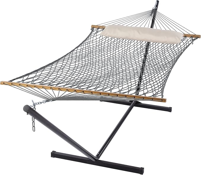 SUNCREAT Rope Hammock with Stand Included, Portable Double Hammock with Soft Pillow, Gray by SUNCREAT