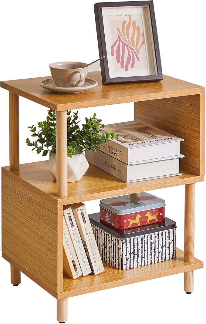 Aibiju Wooden Night Stand with Open Shelf, Nightstand with Solid Wood Legs, S-Shaped Bed Side Table 3 Tier, End Table Natural Wood YD-TM152N by Aibijusolidwoodfurniture