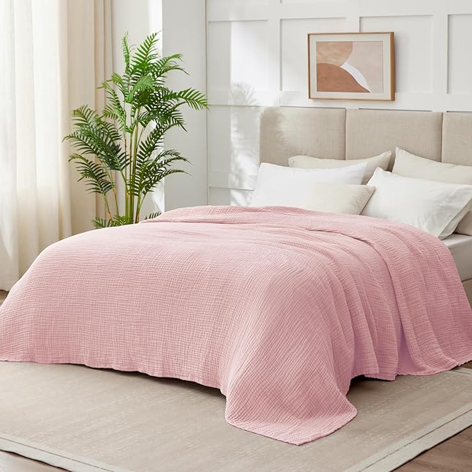 100% Cotton Muslin Blanket Twin 66" x 90", 6 Layers Breathable and Lightweight Cotton Blankets for Couch, Soft Cooling Summer Gauze Blanket for Adults All Season, Dusty Rose‌