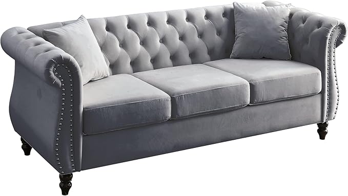 KEIKI Chesterfield Sofa, Retro Style Upholstered 3+3 Seats Velvet Couch with Rolled Arm for Living Room Bedroom Office, Grey