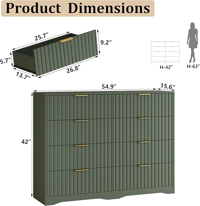 8 Drawer Dresser and Nightstand Sets for Bedroom, Modern Fluted 3 Pcs Bedroom Dresser Furniture Sets, Wood Chest of Drawers and Nightstand Set of 2 with Metal Handles, Green