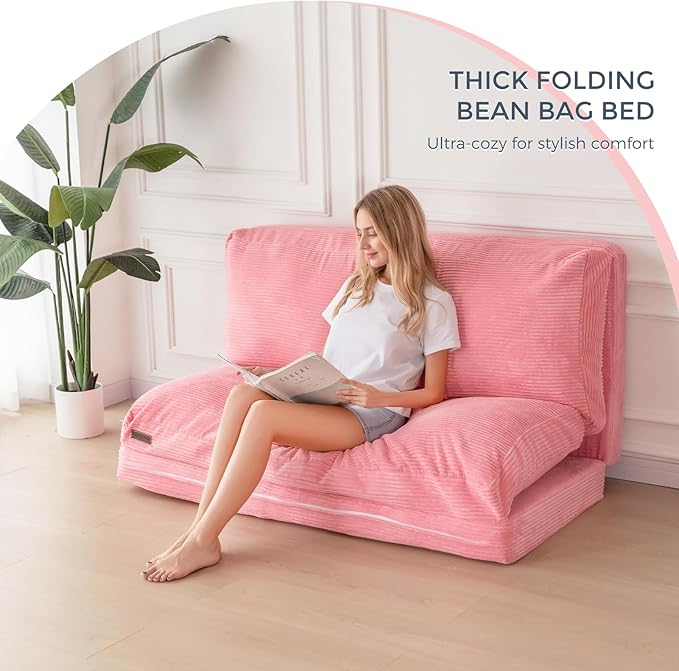 MAXYOYO Folding Sofa Bed, Extra Thick and Long Floor Sofa Convertible Sleeper Chair with Washable Cover, Floor Couch Lounge Bean Bag Bed for Living Room, Pink, 30x95 Inch