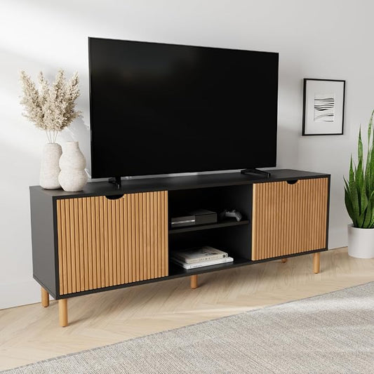 Stead Modern Fluted TV Stand & Media Console - 70-Inch, Fluted Black & Oak - Entertainment Center for 32-80-Inch Screens with Soft-Close Doors & Cord Management by Stead