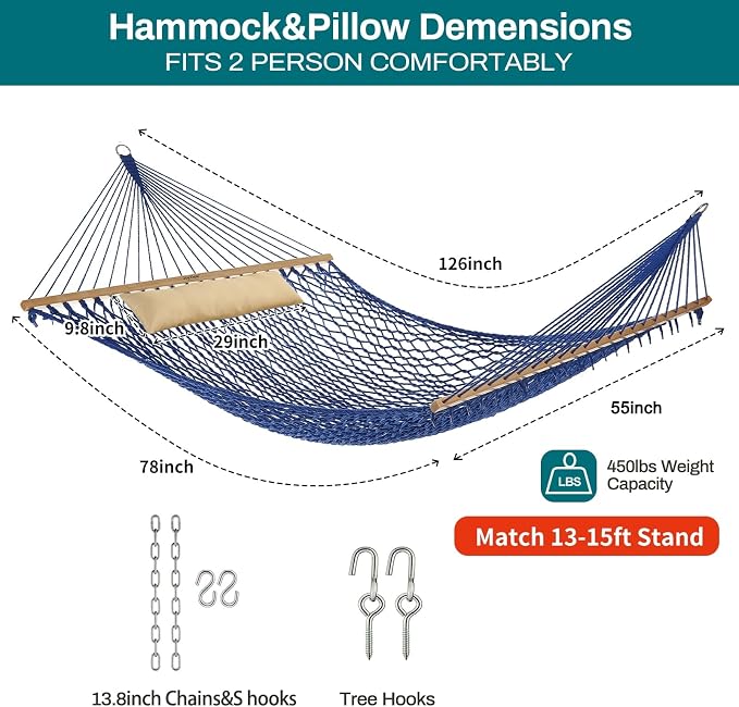 JoyView Traditional Rope Double Hammock - Hand Woven Cotton Hammock with Hardwood Spreader Bar and Pillow 450lb Capacity for Outdoor Indoor Patio Yard - Blue - Image 3