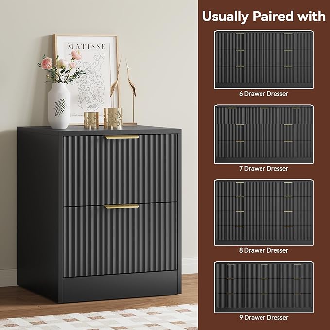 7 Drawer Dresser & Nightstand Set 3-Piece, 55” Wide Bedroom Dressers and Night Stand Set of 2 with Metal Handle, Fluted Modern Wood Chest of Drawers Storage Dressers Set for Bedroom, Black