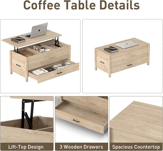 Bonzy Home Lift Top Coffee Table, Wooden Center Table with 3 Drawers and Hidden Compartments, Rectangle Coffee Table for Living Room, Natural Oak