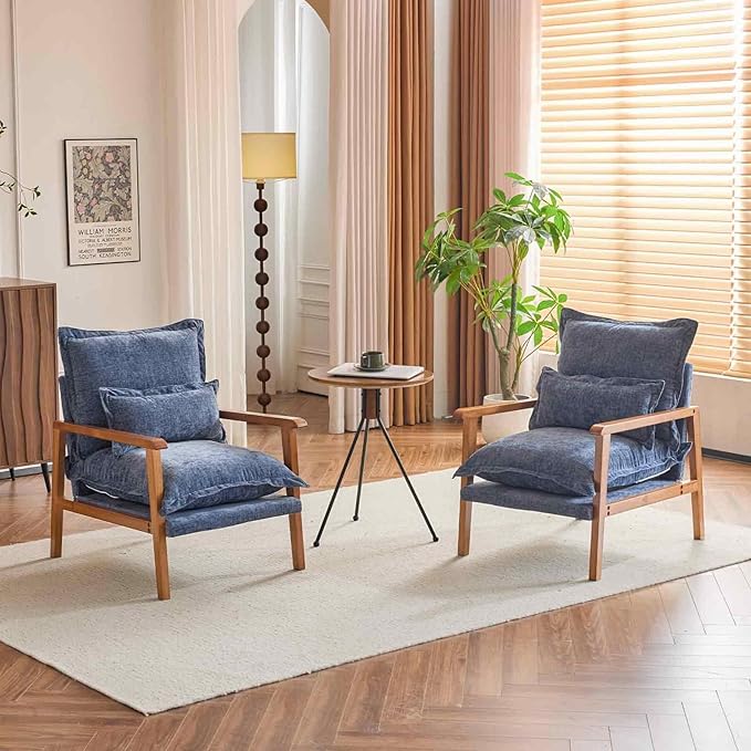VINGLI Mid-Century Modern Cloud Accent Armchairs set of 2 with Lumbar Pillow, 6.3'' Thick Seat Cushion Reading Chairs with Wooden Armrests, Boho Lounge Chair for Bedroom,Living Room,Chenille,Gray Blue