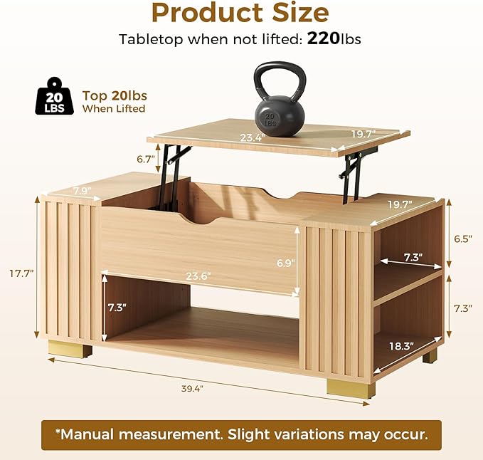 COMHOMA Lift Top Coffee Tables for Living Room, 39" Center Table with Hidden Storage Compartment, Adjustable Wooden Tea Table for Small Spaces, Light Oak