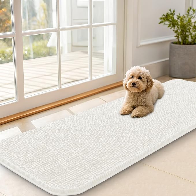 OLANLY Dog Door Mat for Muddy Paws 59x20, Absorbs Moisture and Dirt, Absorbent Non-Slip Washable Doormat, Quick Dry Chenille Mud Mat for Dogs, Entry Indoor Entryway Carpet for Inside Floor, Ivory by OLANLY