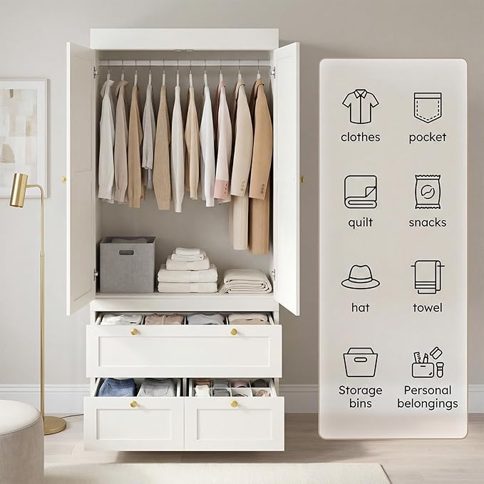VELTENOVAIRE 2-Door Wardrobe Closet with 3 Drawers, 71" Tall White Wood Armoire Wardrobe Closet Organizer System & Storage Cabinet with Hanging Rod, Freestanding Bedroom Armoire, 20" Deep