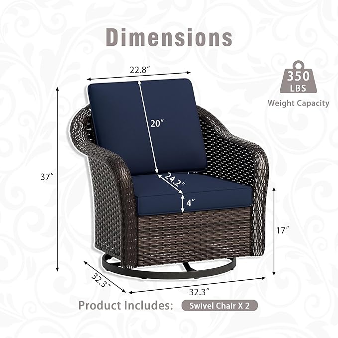 Outdoor Wicker Swivel Chair Set of 2, All-Weather Use Patio Rattan Chair with Seat and Back Cushion, Ideal for Porch, Backyard, Balcony, Poolside, Blue