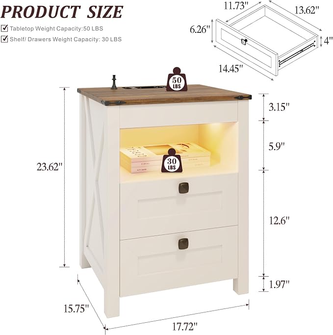 TAGELIER Night Stand Set 2 with Gun Drawer, Farmhouse Bedside Table with Charging Station, Gun Nightstand with LED Light & Human Sensor, Smart End Table for Bedroom, Antique White - Image 2