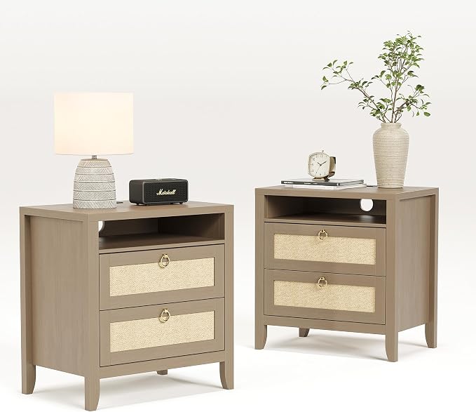 Dowinx 23.6" Rattan Night Stand Set of 2, Boho Nightstands with Charging Station, 2 Drawers and Strage Shelf, Large Night Stand Set of 2 for Bedroom Small Space Corner Oak by Dowinx