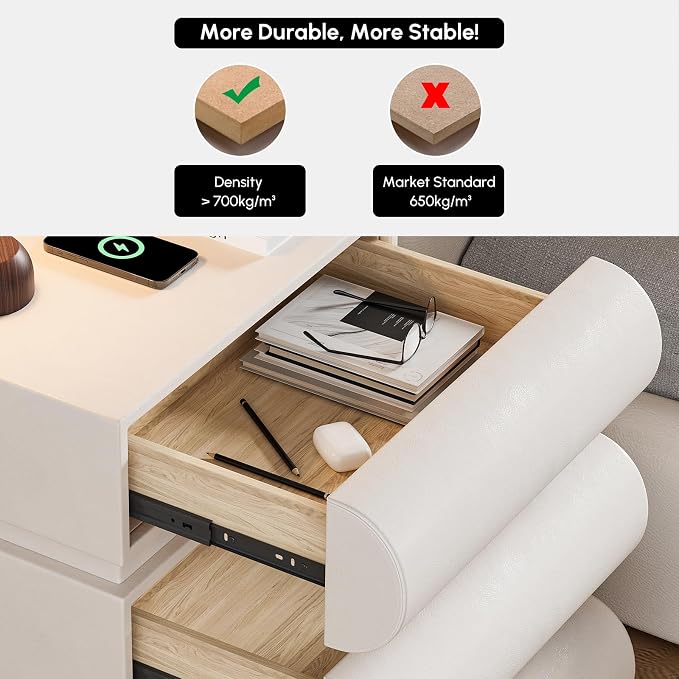 homary Smart Nightstand with Wireless Charging, USB & Type-C Ports – Modern Off White Faux Leather Nightstand with 3 Drawers, Bedside Table with Charging Station for Bedroom - Image 5