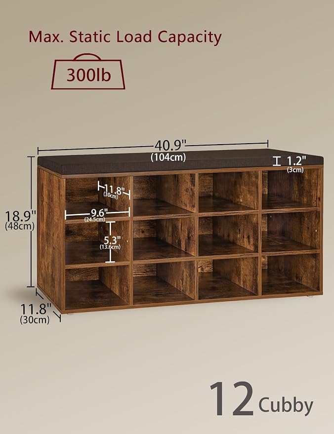 DINZI LVJ Shoe Storage Bench with Cushion, Cubby Shoe Rack with 12 Cubbies, Adjustable Shelves, Multifunctional Shoe Organizer Bench for Entryway, Mudroom, Hallway, Closet and Garage, Rustic Brown - Image 3
