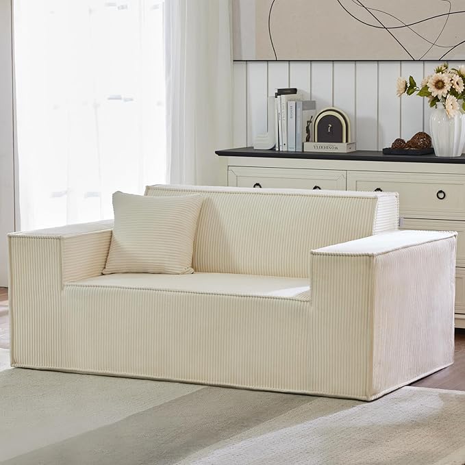 Corduroy Cloud Couch with Pillow, Premium Memory Foam, No Assembly Required, Deep Seat Sofa in Box, Space-Saving Chair for Home, Living Room, Bedroom, Apartment, Office, Loveseat, Beige