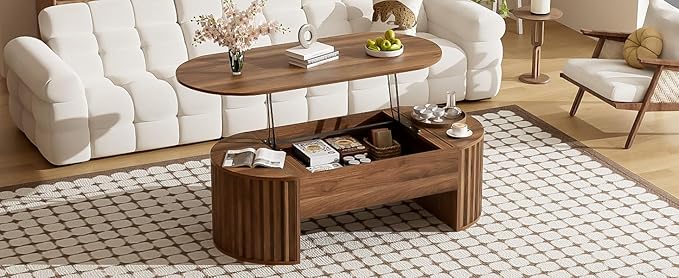 Lift Top Coffee Table with Storage Hidden Compartment, Partially Assembled Wooden Fluted Center Table, 47.2" Modern Oval Smart Lift Tabletop for Home Living Room Office-Brown