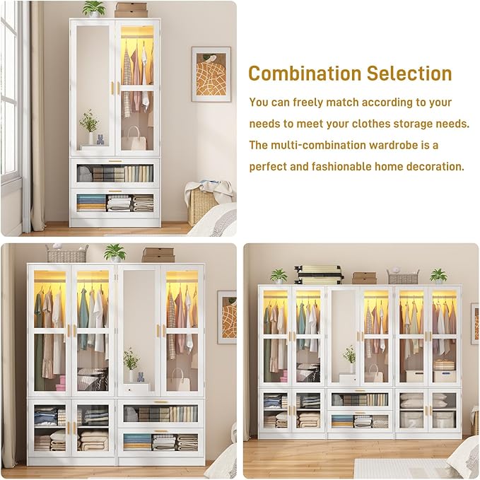 2 Doors Armoire Wardrobe Closet with LED and Mirror,71" H Freestanding Wooden Wardrobe Closet Cabinet for Bedroom w 2 Drawers,Wooden Clothing Storage Cabinet w Hanging Rod,Closets for Bedroom(White)