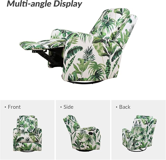 HULALA Home Recliner Chair Set of 2, Modern Printed Fabric for Living Room, Rocker Recliner Sofa Comfy Armchair 360 Degree Swivel, Nursery Rocking Chairs with Adjustable Backrest & Footrest/Green