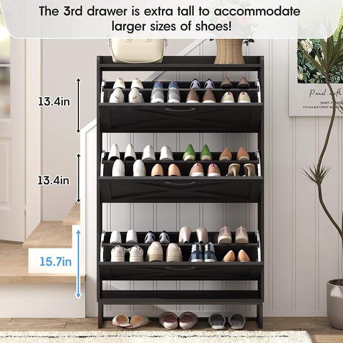 Maupvit Shoe Storage Cabinet with 3 Flip Drawers, Freestanding Organizer with Metal Legs for Entryway, Narrow Shoe Rack Cabinet, Black - Image 3