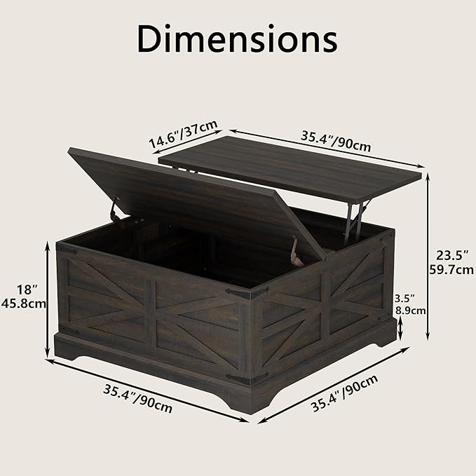 Furnideco 35.5''W Square Coffee Table Farmhouse Lift top Coffee Table with Large Hidden Storage, Wood Center Table for Living Room, Home Office, Dark Brown