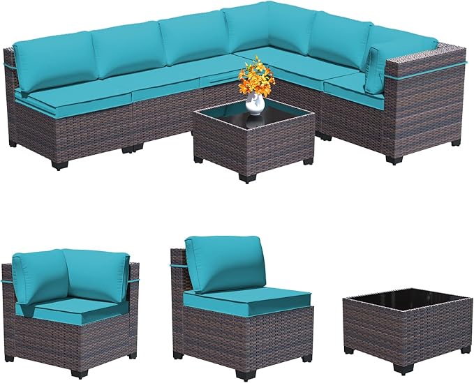 7 Pieces Outdoor Patio Furniture Set,Outdoor Sectional Furniture All Weather PE Rattan Wicker Patio Conversation Set with Coffee Table and 6 Thickened Cushions,Turquoise Blue