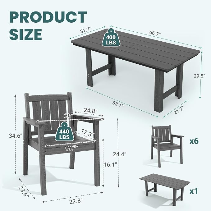 Pamapic 7 PCS Outdoor Dining Set, Spacious HDPE Outdoor Table and Chairs, Wood Grain Patio Furniture Sets with Elegant Armrest, All-Weather Outdoor Furniture with Umbrella Hole, Gray - Image 4