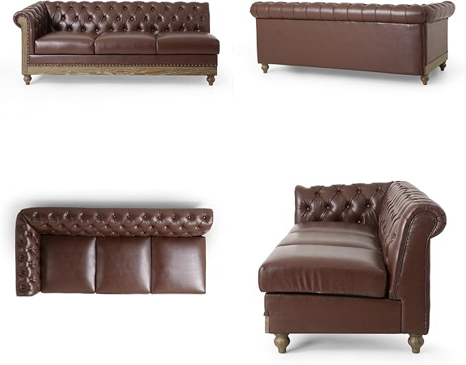 Merax PU Chesterfield Sofa, Retro Upholstered 6 Seater Leather Rolled Arm Couch for Living Room Bedroom, Dark Brown