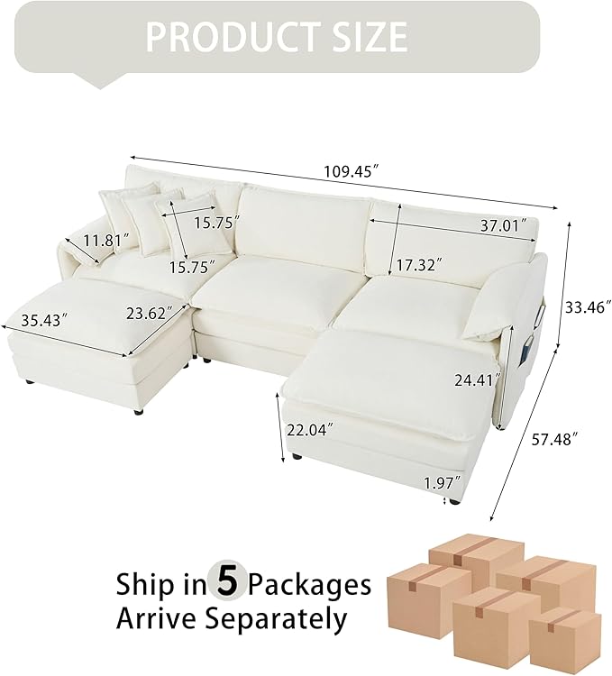 109-Inch U-Shaped Sectional Cloud Sofa Oversized Modular 5 Seaters Sofa Couch with 2 Ottoman Chaise and Pillow Armrest, Chenille Upholstered Convertible Cloud Couch