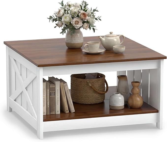 Giantex Farmhouse Coffee Table, 31 Inch Square Wood Coffee Table with Storage Shelf, 2-Tier Vintage Center Table with Open Compartment, Rustic Living Room Table for Home Office, White & Brown