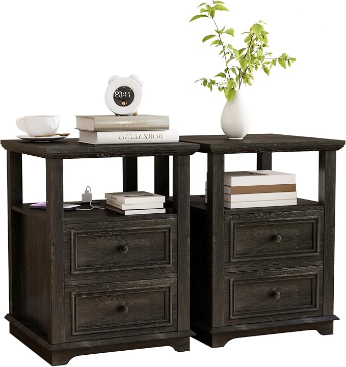 Vipbear 18" Nightstand with Charging Station Black Farmhouse End Table with Drawers Wood Night Stand for Bedroom Modern Bedside End Table with Open Shelf Storage Space - Image 9