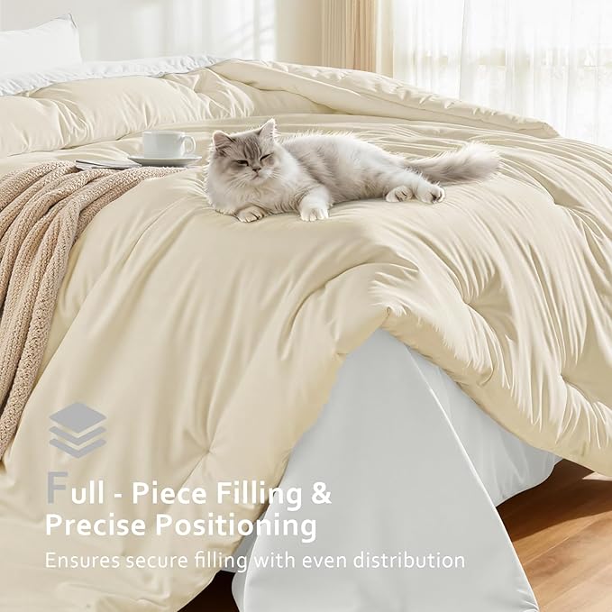 Comforters Queen Size, All Season Quilted Bed Comforter, Ultra-Soft Down Alternative Duvet Insert with 4 Tabs, Lightweight Bedding Blanket - Machine Washable, Beige