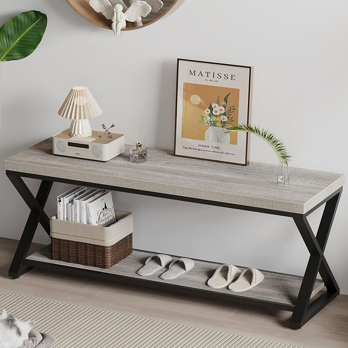 IBF Industrial Wood Entryway Bench, Indoor Farmhouse Hallway Accent Entry Bench for Seating Sitting with Storage, Metal Shoe Rack Grey Bench Organizer in Foyer Bedroom, Light Grey Oak, 47 Inch Long by IBF