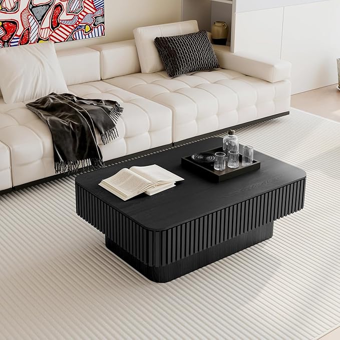 Rectangle Coffee Table with Lifting Top for Living Room Modern Coffee Table with Storage Smart Coffee Tables Lift Up Coffee Tables for Eat Fluted Pedestal Center Tables Apartment 38.6" Black