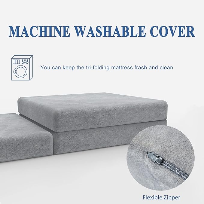 SINWEEK 3.95in Queen Folding Topper with Storage Bag - Foldable Trifold Floor Mat Topper, CertiPUR-US Certified Guest Sleeping Pad, Machine Washable Cover