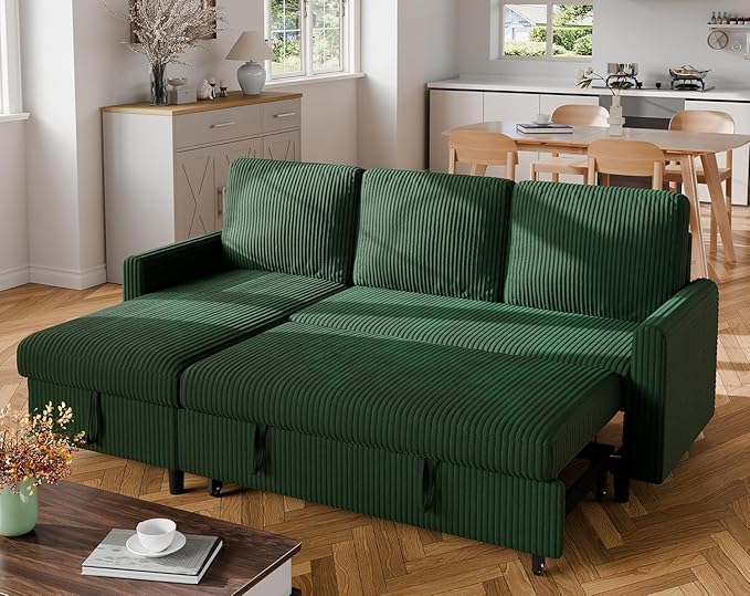Shintenchi Futon Sofa Bed Convertible Couches L Shaped, 4‑in‑1 Sectional Sleeper Sofa Pull Out Couches for Living Room, Multifunctional Couch with Storage Chaise Corduroy Fabric, Green