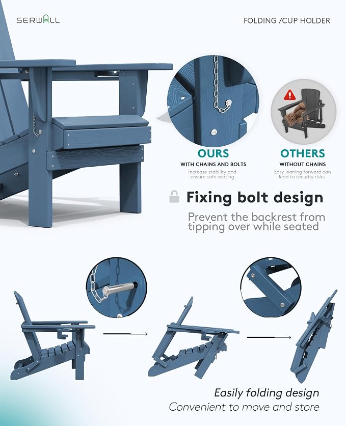 SERWALL Folding Adirondack Chair, HDPE Adirondack Chairs Set of 4, Plastic Outdoor Chairs- Looks Exactly Like Real Wood- Navy - Image 7