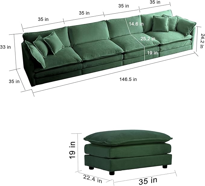 ERYE U-Shaped Oversized Sectional Sofa Modern Deep Seat Reversible Chaises Sofa&Couch with Movable Ottomans and 6 Pillows, Modular Sleeper Upholstered Couch for Living Room, Apartment, Studio, Office