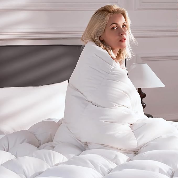 UNIKOME Goose Feather Down Fiber Comforter - All Season Duvet Insert King with Soft Downproof Cover, Cloud-Like Fluffiness Bed Comforters with Corner Tabs (King, White, 88"X104")
