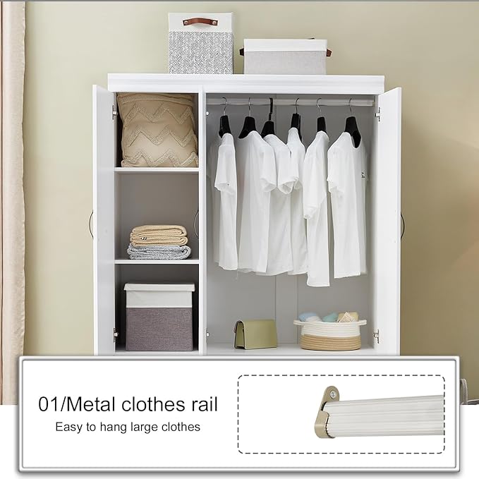 GraceGrove Armoire Wardrobe Closet with 3 Door Armoires and Wardrobes with 2 Drawers Tall Cabinet for Large Capacity, Closet Wardrobe Cabinet with Hanging Rail and Metal Handle for Bedroom White