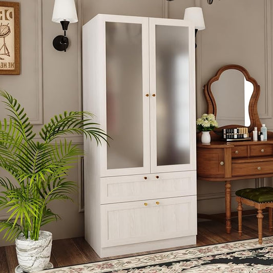 2 Door Wardrobe Armoire Closet with Hanging Rod & 2 Drawers, Bedroom Armoire with Frosted Glass Door, Clothes Wardrobe with Gold Knob, Wood Grain 19.7”D x 31.5”W x 70.9”H