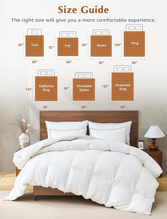 Hotel Goose Feather Down Fiber Comforter California King Size, 100% Organic Cotton Duvet Insert with 8 Loops, All Season Extra Fluffy Luxury Bedding(104"x96", White)
