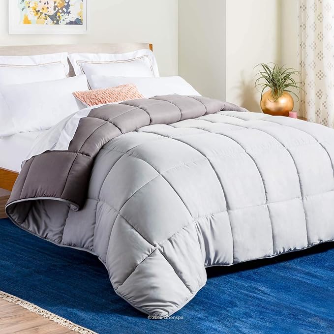 Linenspa Reversible Down Alternative Comforter and Duvet Insert, for Queen Size Bed – All-Season Comforter with Box Stitch and 8 Duvet Loops – Bedding for Kids, Teens, and Adults – Stone / Charcoal