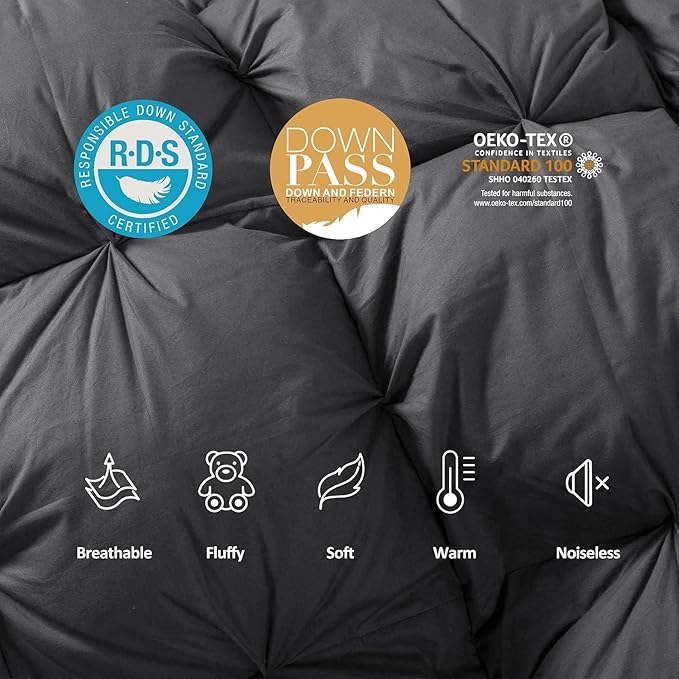 Luxurious Heavyweight Goose Down Feather Fiber Comforter Duvet Insert, Exquisite Gray Pinch Pleat Design, Oversize Queen 98 x 98, Premium Baffle Box 100% Egyptian Cotton, 70 oz Fill Weight
