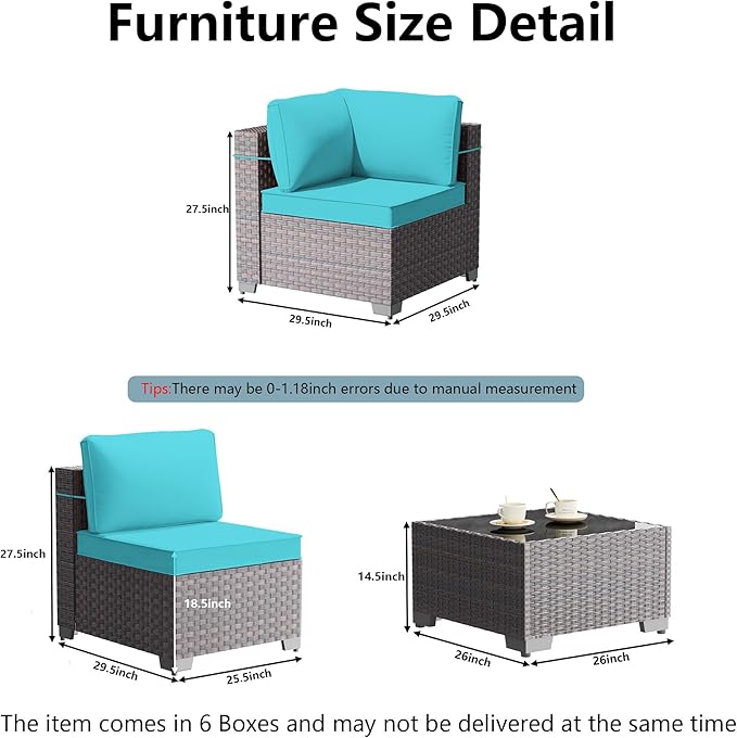 14 Pieces Outdoor Patio Furniture Set,Outdoor Sectional Furniture All Weather PE Rattan Wicker Patio Conversation Set with 2 Coffee Tables and 12 Thickened Cushions,Turquoise Blue