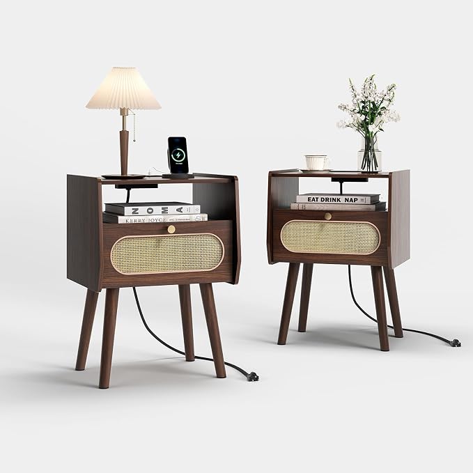 Nightstand Set of 2, Rattan Night Stands with Charging Station, Mid Century Modern Bedside Table with Drawer, Boho Dark Brown End Table with Storage, Wood Side Table for Bedroom, Dark Walnut - Image 9