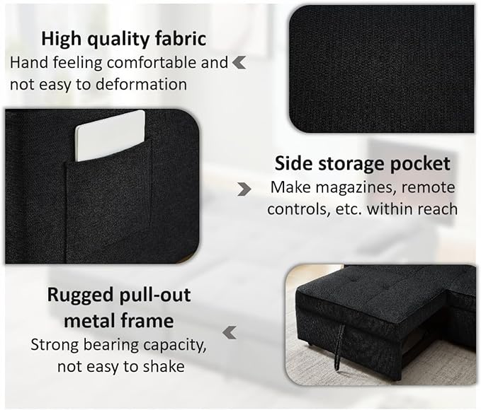 82" 3 in 1 Convertible Sleeper Sofa Bed, Modern Fabric Pull Out Couch, Loveseat Sofa with Pillows & Pockets, Futon Couch Bed Reclining Backrest for Living Room, Bedroom, Apartment, Black