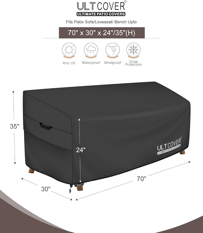 ULTCOVER Waterproof Outdoor Sofa Cover - Heavy Duty Patio Bench Covers 70W x 30D x 35H inch, Black - Image 2