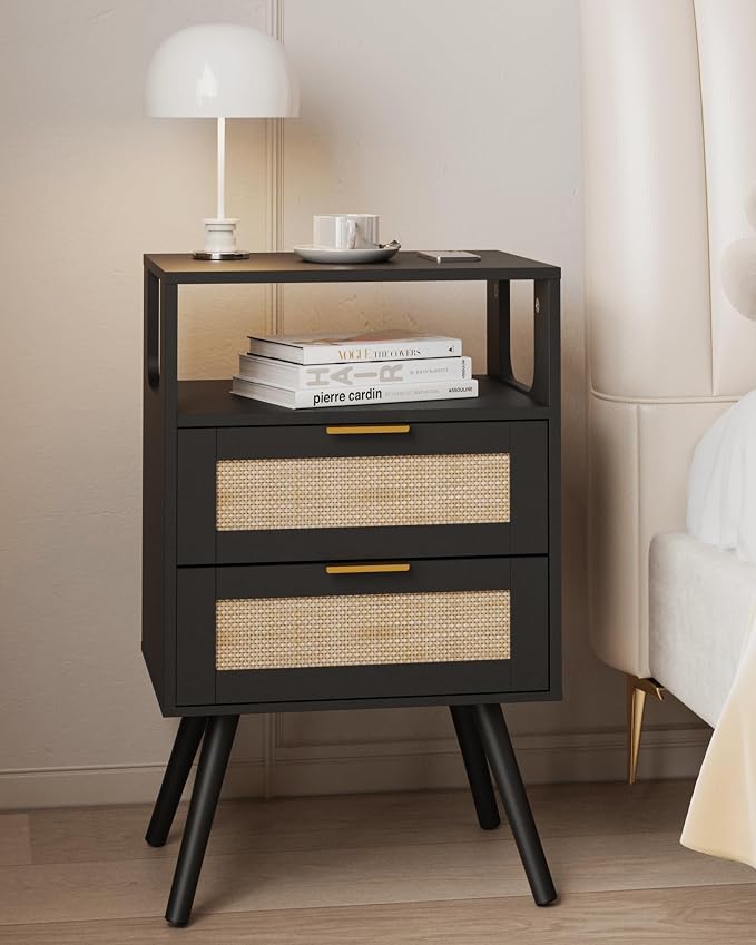 JOONEE Rattan Nightstand,Farmhouse Bedside Table with 2 Storage Drawer and Open Wood Shelf, for Bedroom and Small Spaces,Night Stand with Solid Wood Legs (Black) by JOONEE